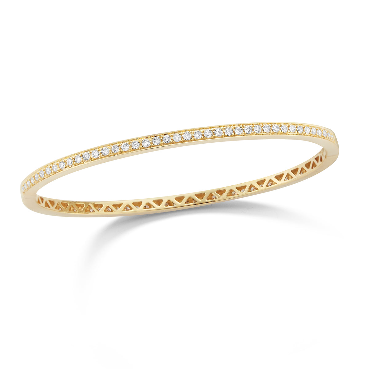 Pave Diamond Eternity Bangle Bracelet  -18K yellow gold weighing 11.45 grams  -83 round pave-set diamonds totaling 1.32 carats.