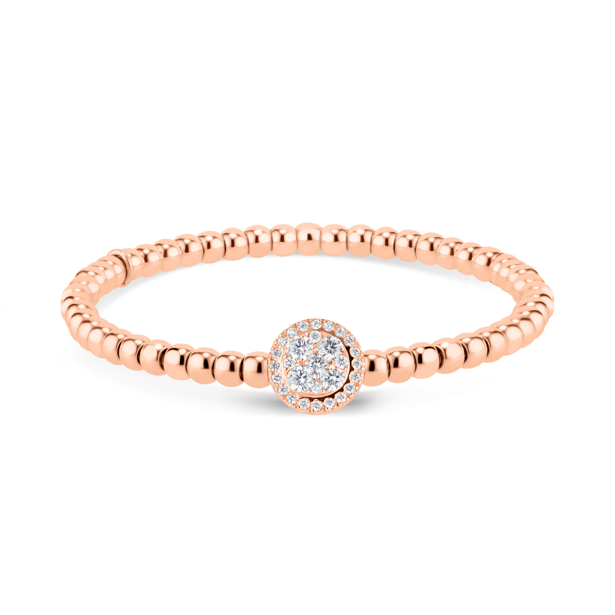 Beaded Gold Bracelet with Diamond Halo Accent - 18K rose gold weighing 13.80 grams - 29 round diamonds totaling 0.51 carats