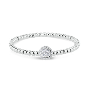 Beaded Gold Bracelet with Diamond Halo Accent - 18K white gold weighing 13.80 grams - 29 round diamonds totaling 0.51 carats