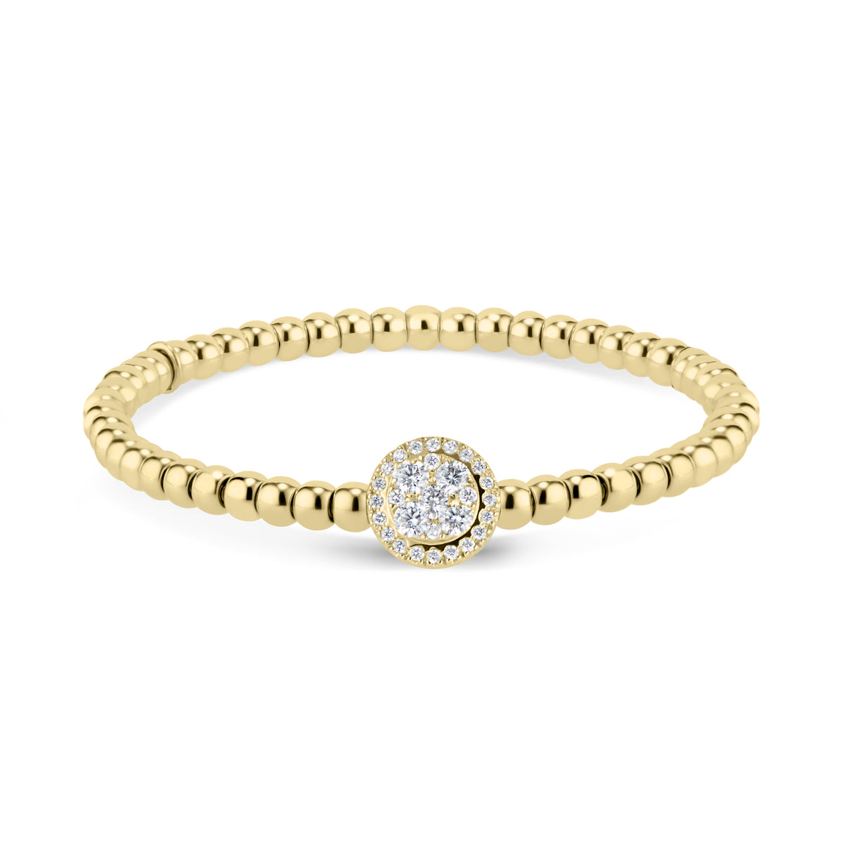 Beaded Gold Bracelet with Diamond Halo Accent - 18K yellow gold weighing 13.80 grams - 29 round diamonds totaling 0.51 carats