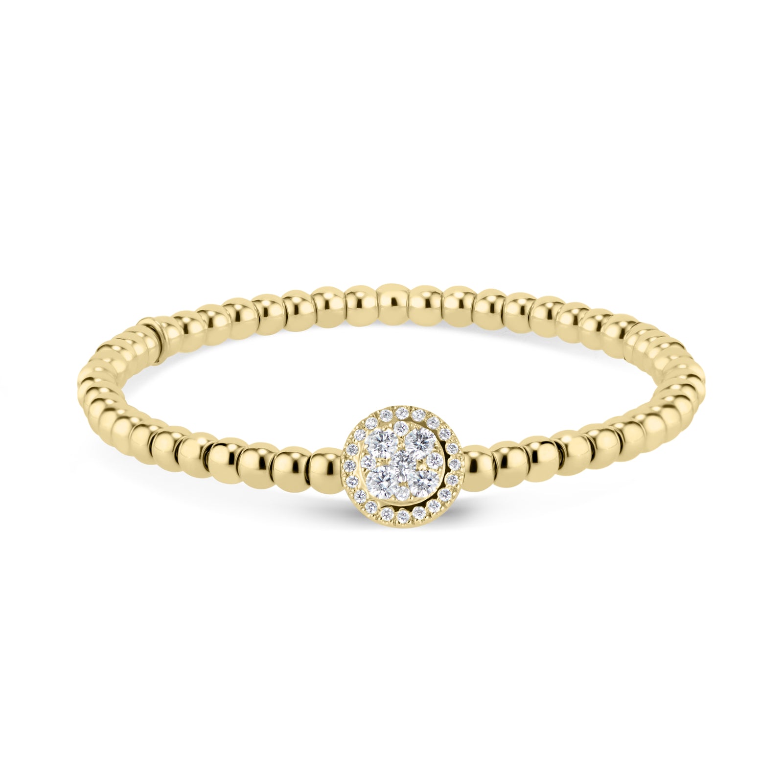 Beaded Gold Bracelet with Diamond Halo Accent - 18K yellow gold weighing 13.80 grams - 29 round diamonds totaling 0.51 carats