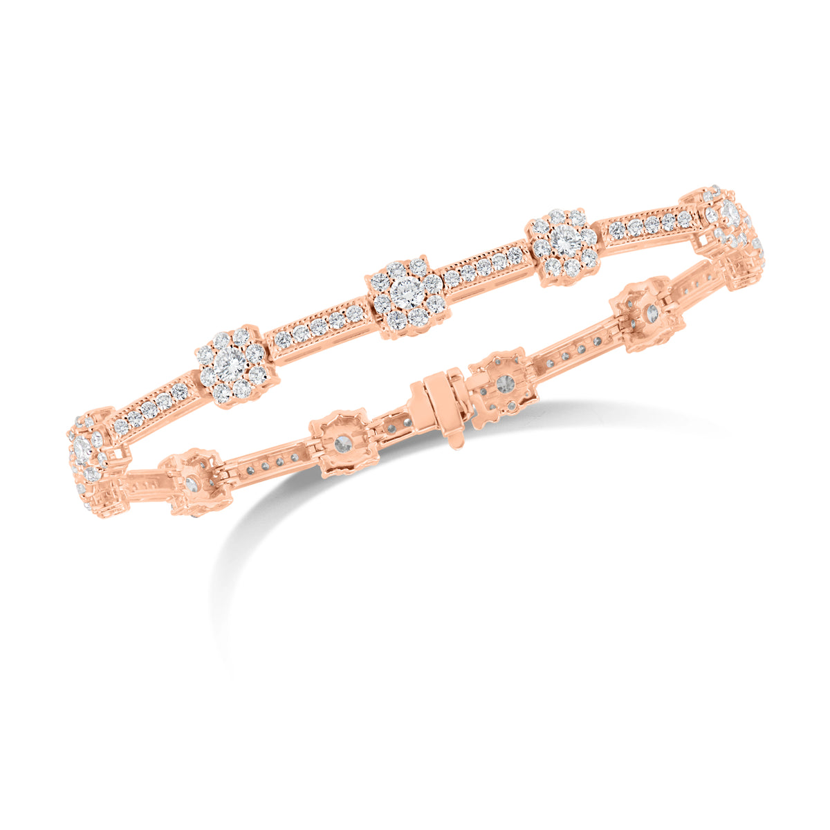 Diamond Cushion Milgrain Link Bracelet  - 14K gold weighing 14.90 grams  - 143 round diamonds totaling 3.11 carats  - 11 round diamonds totaling 1.49 carats