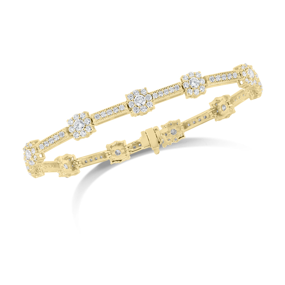Diamond Cushion Milgrain Link Bracelet  - 14K gold weighing 14.90 grams  - 143 round diamonds totaling 3.11 carats  - 11 round diamonds totaling 1.49 carats