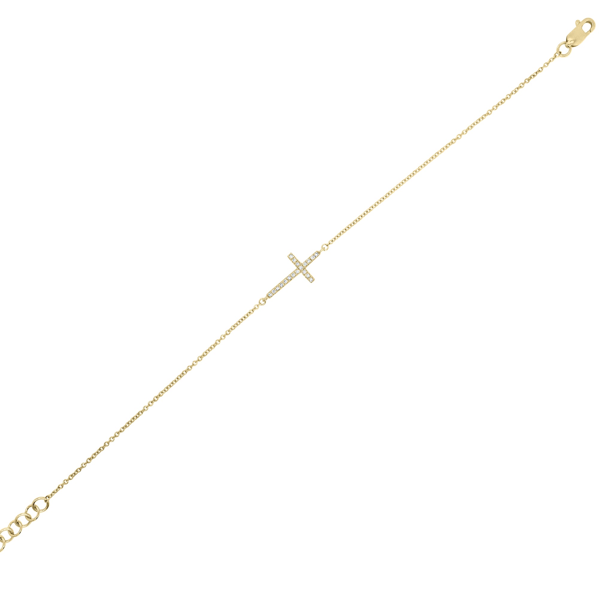 Diamond Cross Bracelet -Lobster clasp - 14K yellow gold cable chain - 14 KT 1.39GR -19 Round ,0.05 total carat weight