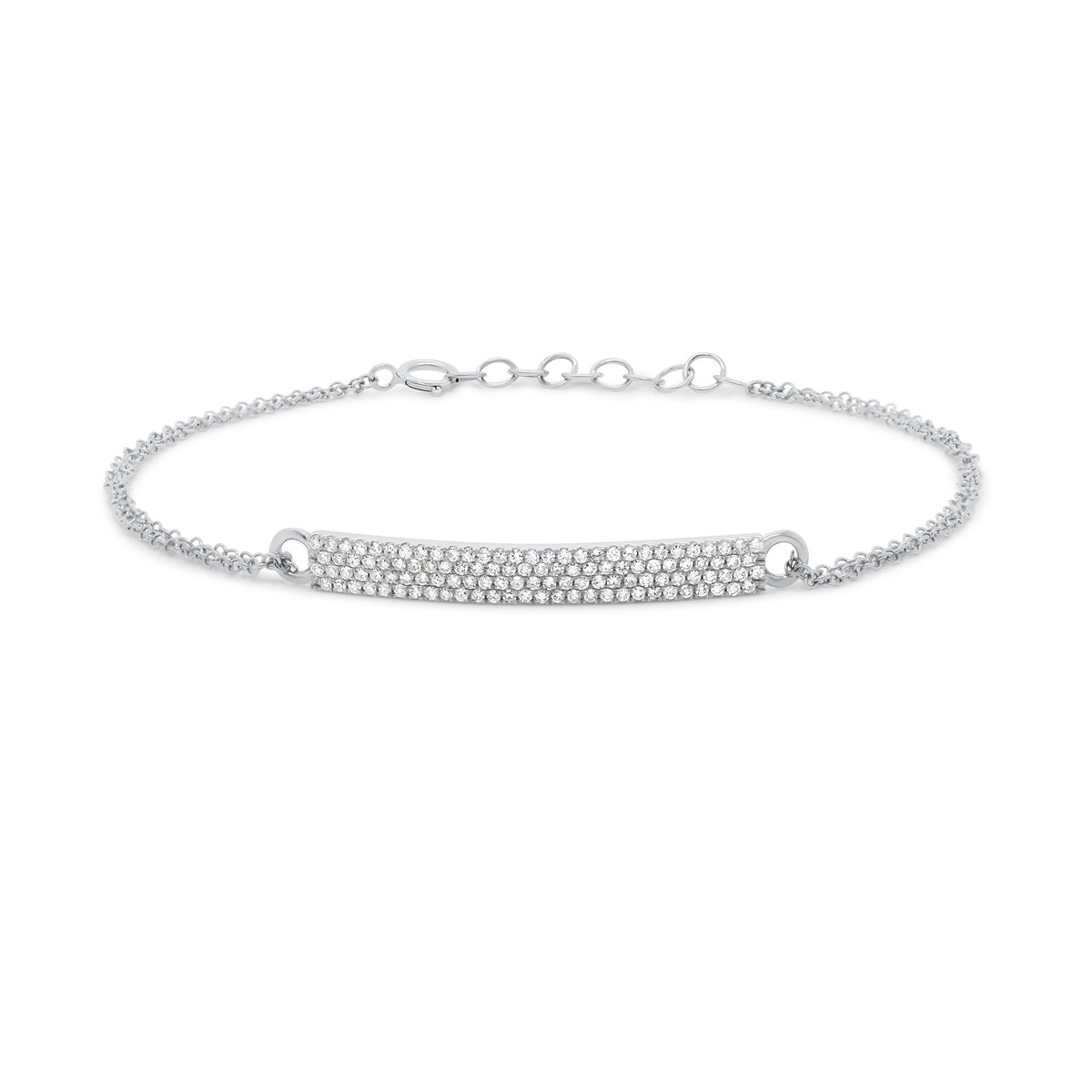 Gold Double Cable Chain Bracelet with Pave Diamond Bar - 14K white gold weighing 2.28 grams - 114 round diamonds totaling 0.34 carats