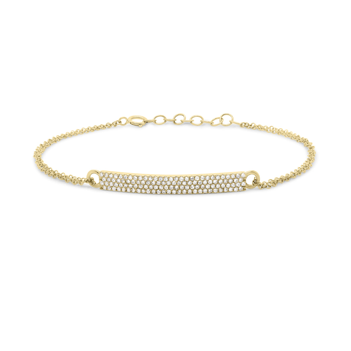 Gold Double Cable Chain Bracelet with Pave Diamond Bar - 14K yellow gold weighing 2.28 grams - 114 round diamonds totaling 0.34 carats