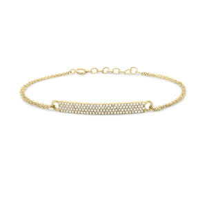 Gold Double Cable Chain Bracelet with Pave Diamond Bar - 14K yellow gold weighing 2.28 grams - 114 round diamonds totaling 0.34 carats