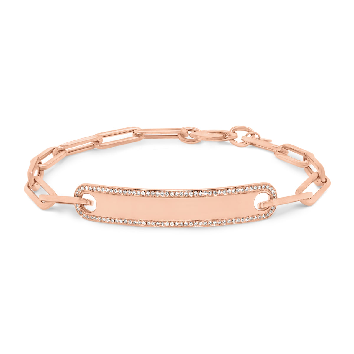 Diamond Framed ID Bracelet with Paperclip Chain - 14K rose gold weighing 6.30 grams - 98 round diamonds totaling 0.22 carats