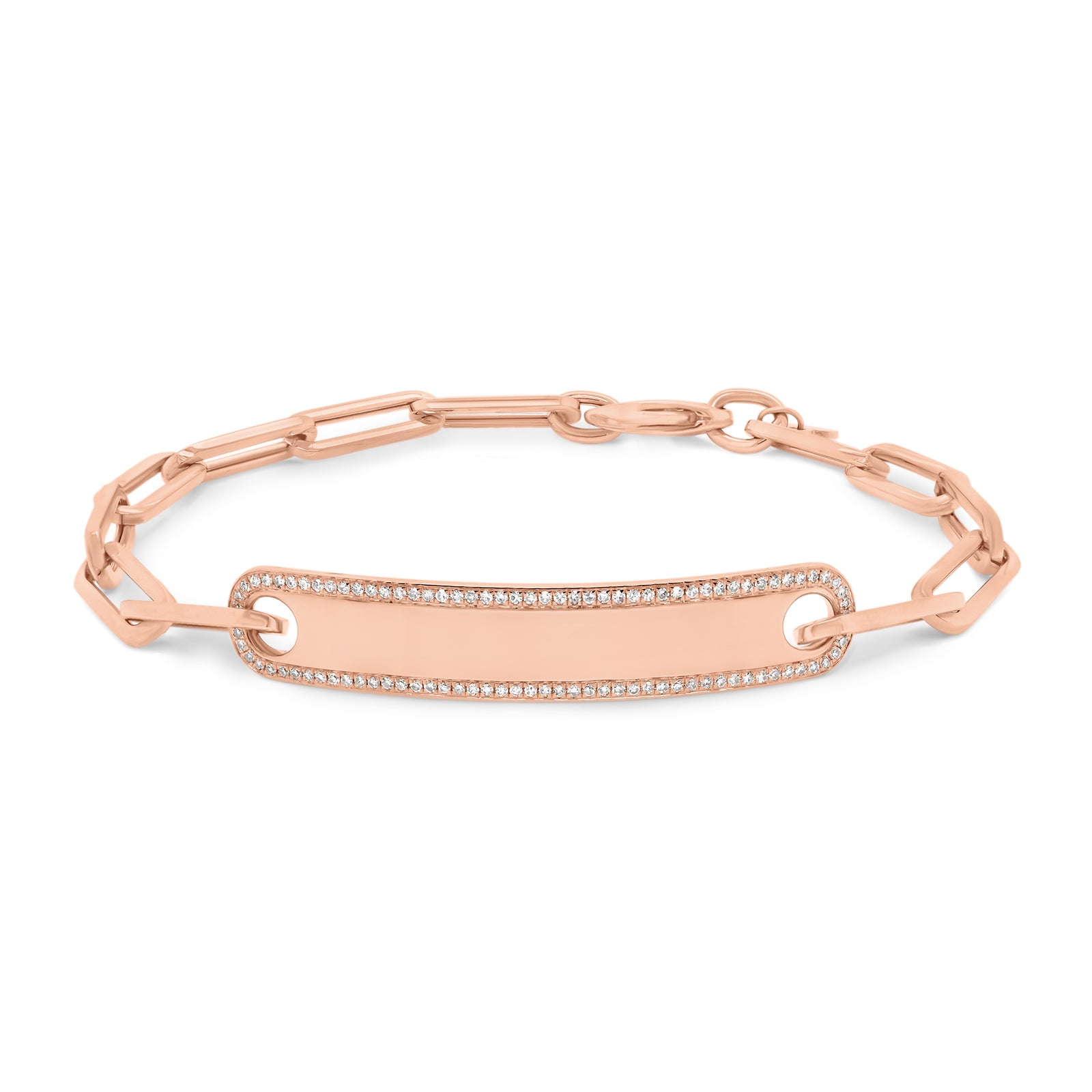 Diamond Framed ID Bracelet with Paperclip Chain - 14K rose gold weighing 6.30 grams - 98 round diamonds totaling 0.22 carats