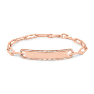 Diamond Framed ID Bracelet with Paperclip Chain - 14K rose gold weighing 6.30 grams - 98 round diamonds totaling 0.22 carats