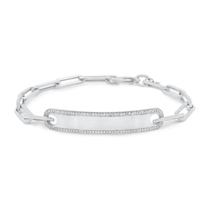 Diamond Framed ID Bracelet with Paperclip Chain - 14K white gold weighing 6.30 grams - 98 round diamonds totaling 0.22 carats