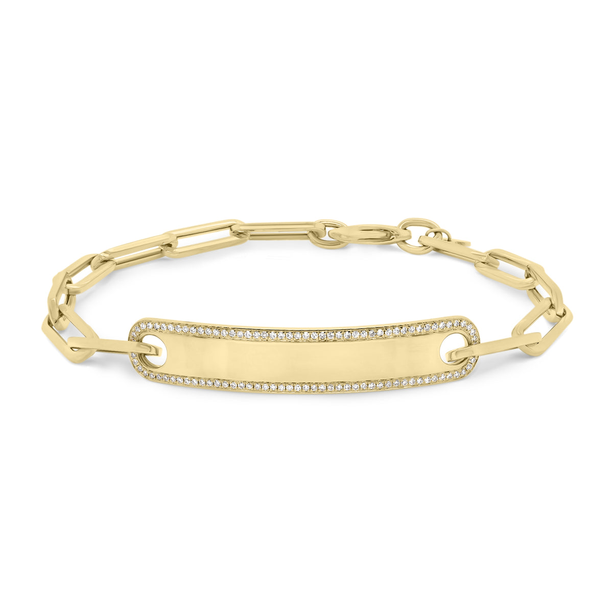 Diamond Framed ID Bracelet with Paperclip Chain - 14K yellow gold weighing 6.30 grams - 98 round diamonds totaling 0.22 carats
