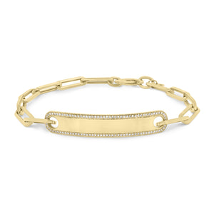 Diamond Framed ID Bracelet with Paperclip Chain - 14K yellow gold weighing 6.30 grams - 98 round diamonds totaling 0.22 carats