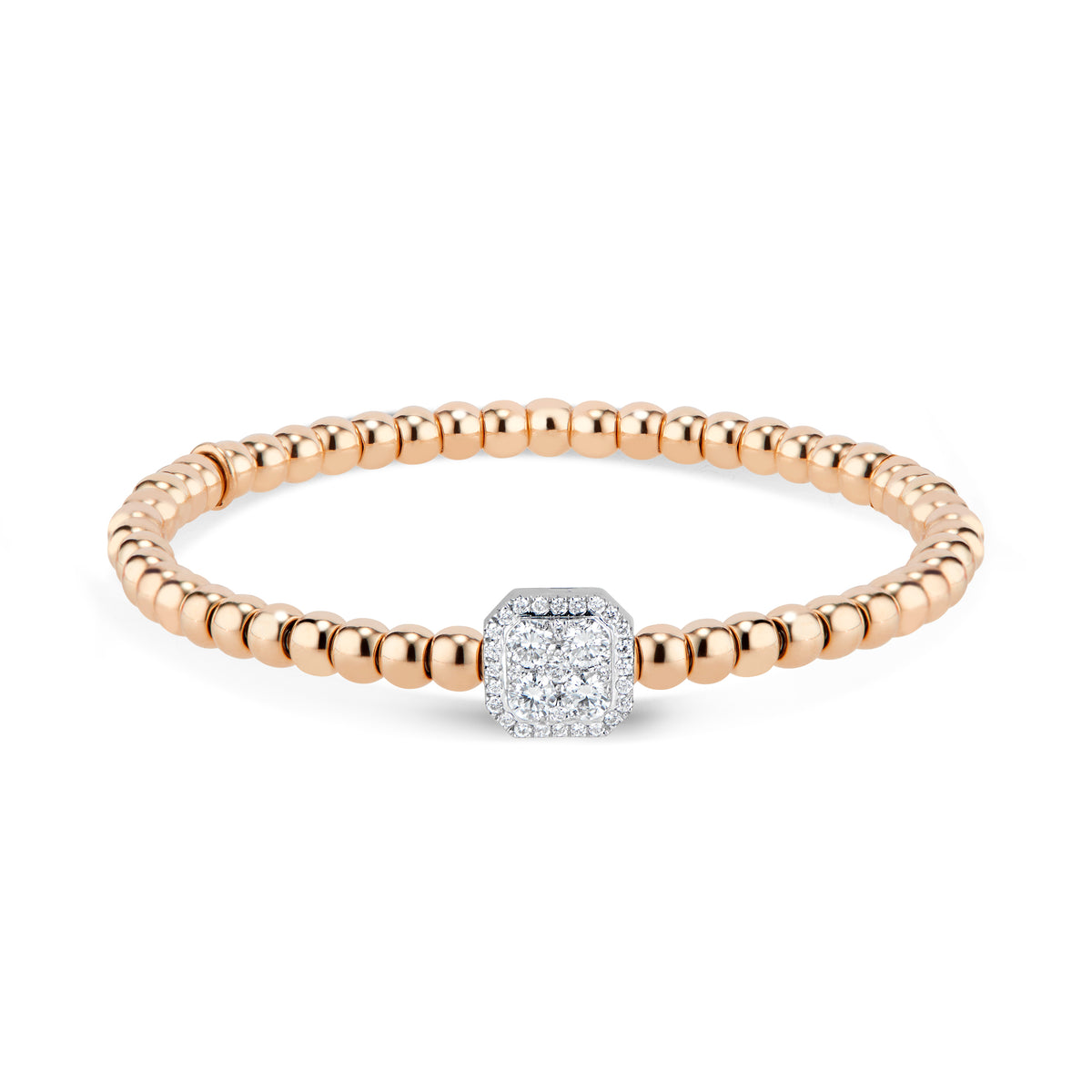 Beaded Gold Stretch Bracelet with Diamond Octagon - 18K rose gold weighing 13.40 grams - 33 round diamonds totaling 0.58 carats