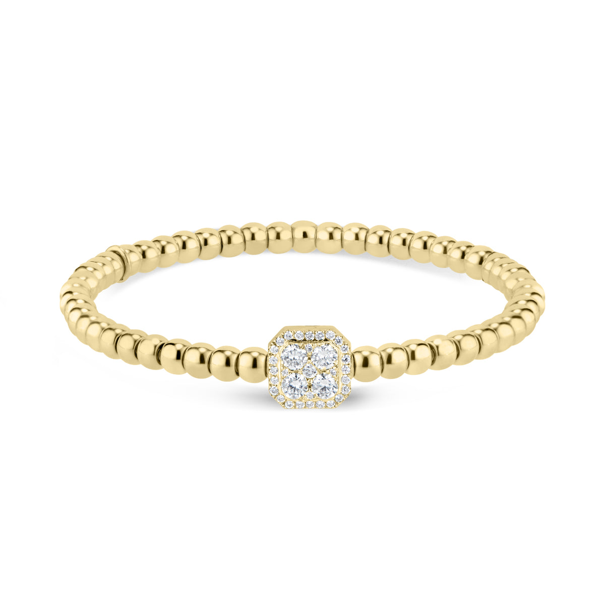 Beaded Gold Stretch Bracelet with Diamond Octagon - 18K yellow gold weighing 13.40 grams - 33 round diamonds totaling 0.58 carats