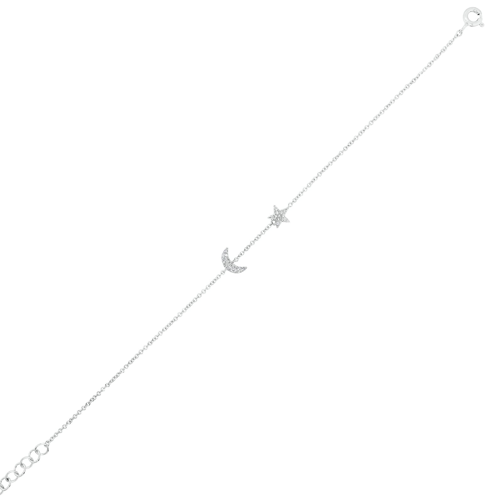 Diamond Star & Moon Bracelet - 14K white gold weighing 1.07 grams. - 29 Round diamonds totaling .06 carats.