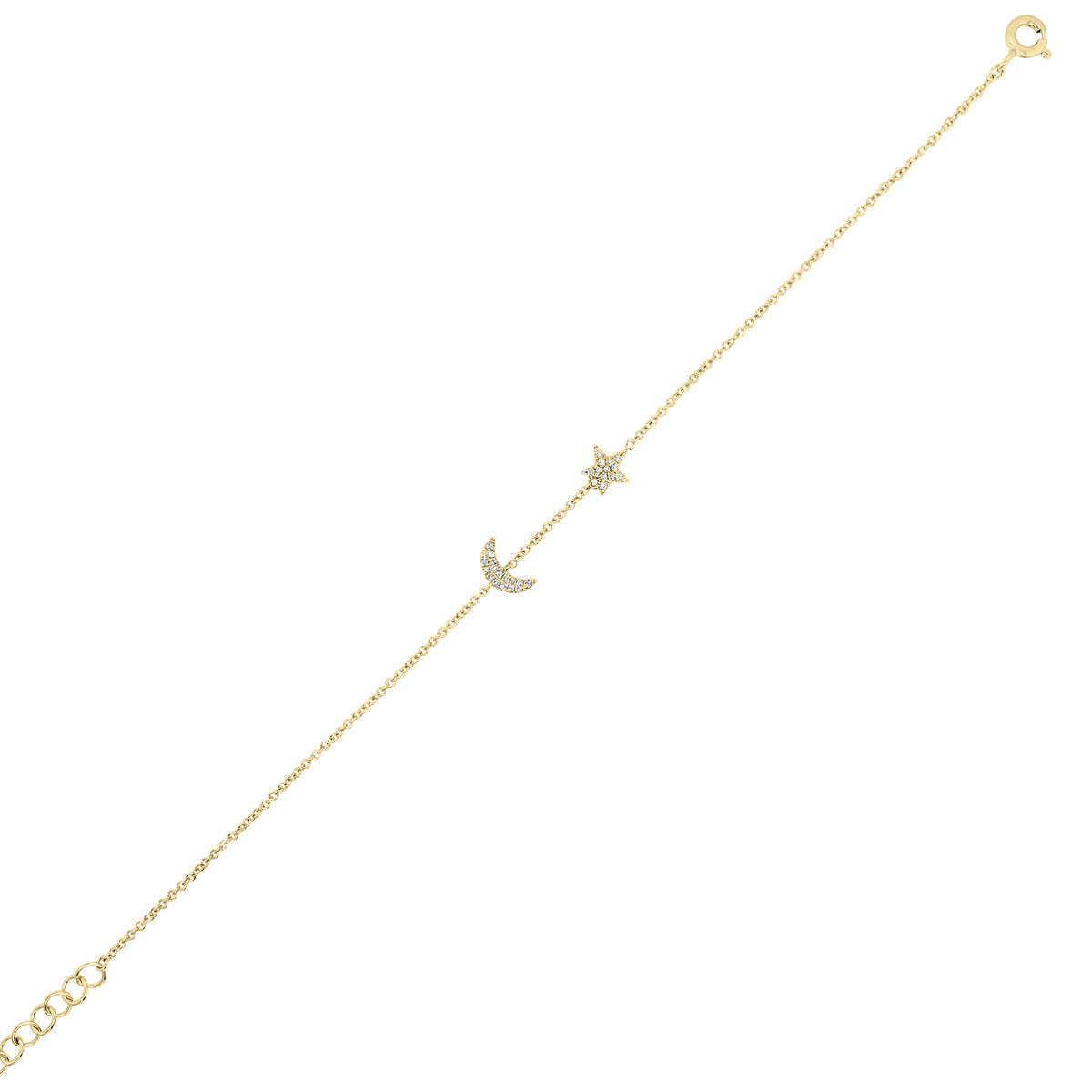 Diamond Star & Moon Bracelet - 14K yellow gold weighing 1.07 grams. - 29 Round diamonds totaling .06 carats.