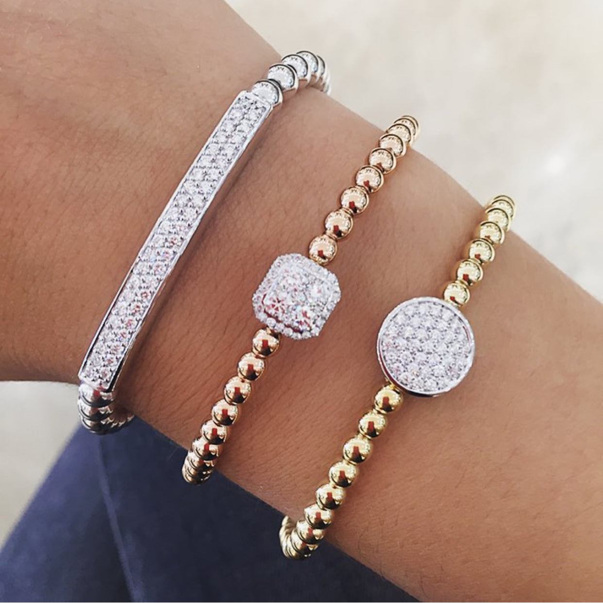 Beaded Gold Stretch Bracelet with Diamond Octagon - 18K rose gold weighing 13.40 grams - 33 round diamonds totaling 0.58 carats