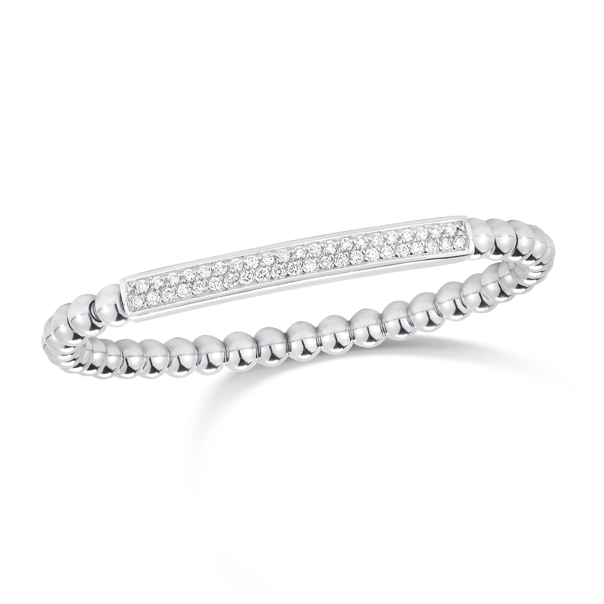 Pave-set Diamond Bar Stretch Bracelet - 14k gold, 13.2 grams, 43 round pave-set diamonds .68 carats. Size 48x58 millimeters, width 5 millimeters.