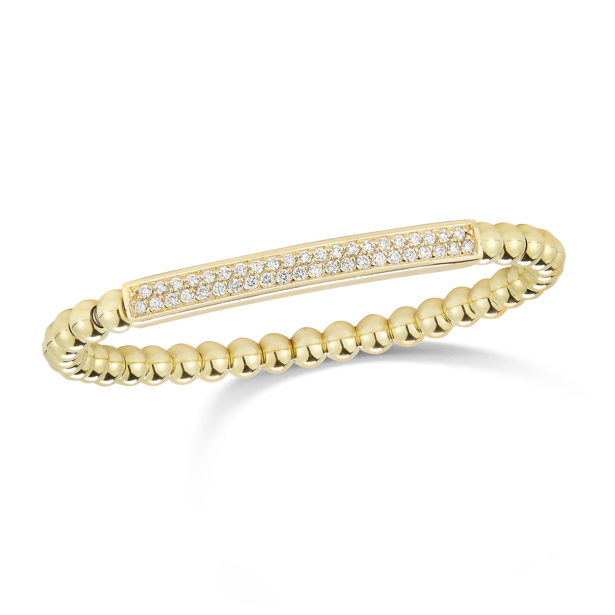 Pave-set Diamond Bar Stretch Bracelet - 14k gold, 13.2 grams, 43 round pave-set diamonds .68 carats. Size 48x58 millimeters, width 5 millimeters.