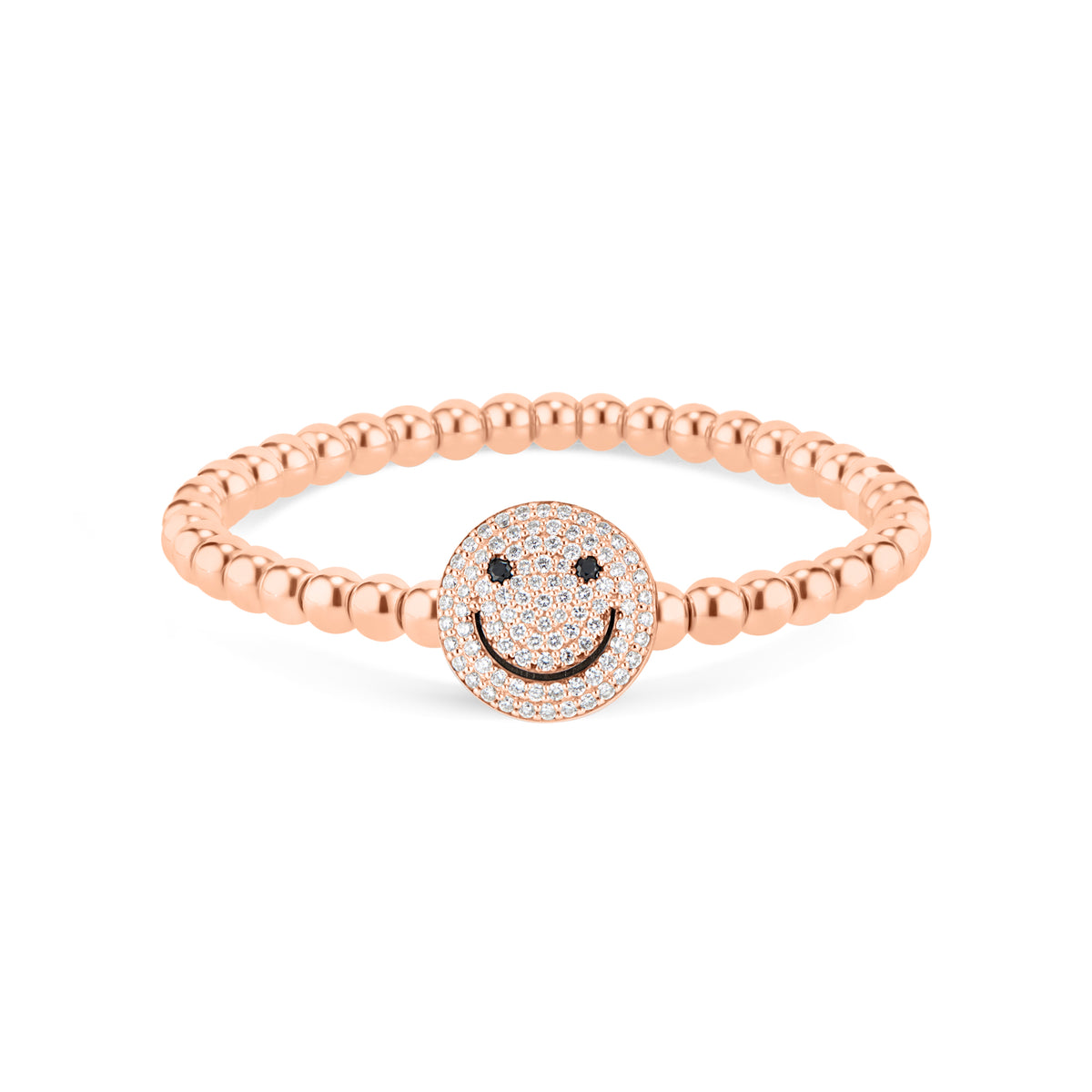 Diamond Smiley Face Bracelet - 14K rose gold weighing 16.20 grams - 92 round diamonds totaling 0.96 carats - 2 black round diamonds totaling 0.05 carats