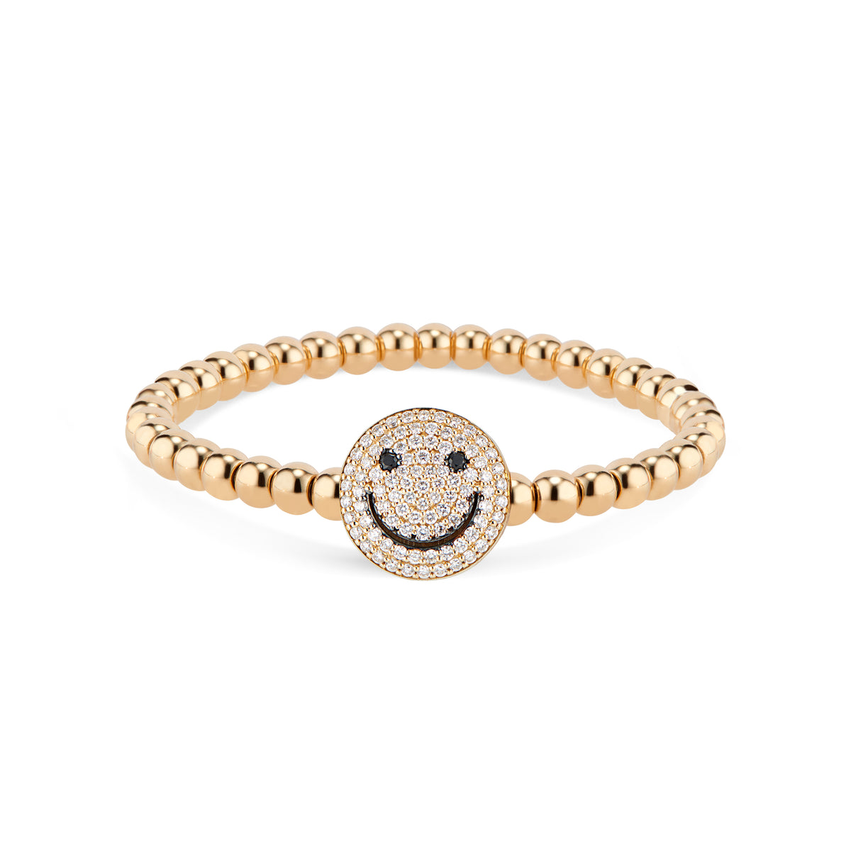 Diamond Smiley Face Bracelet - 14K yellow gold weighing 16.20 grams - 92 round diamonds totaling 0.96 carats - 2 black round diamonds totaling 0.05 carats