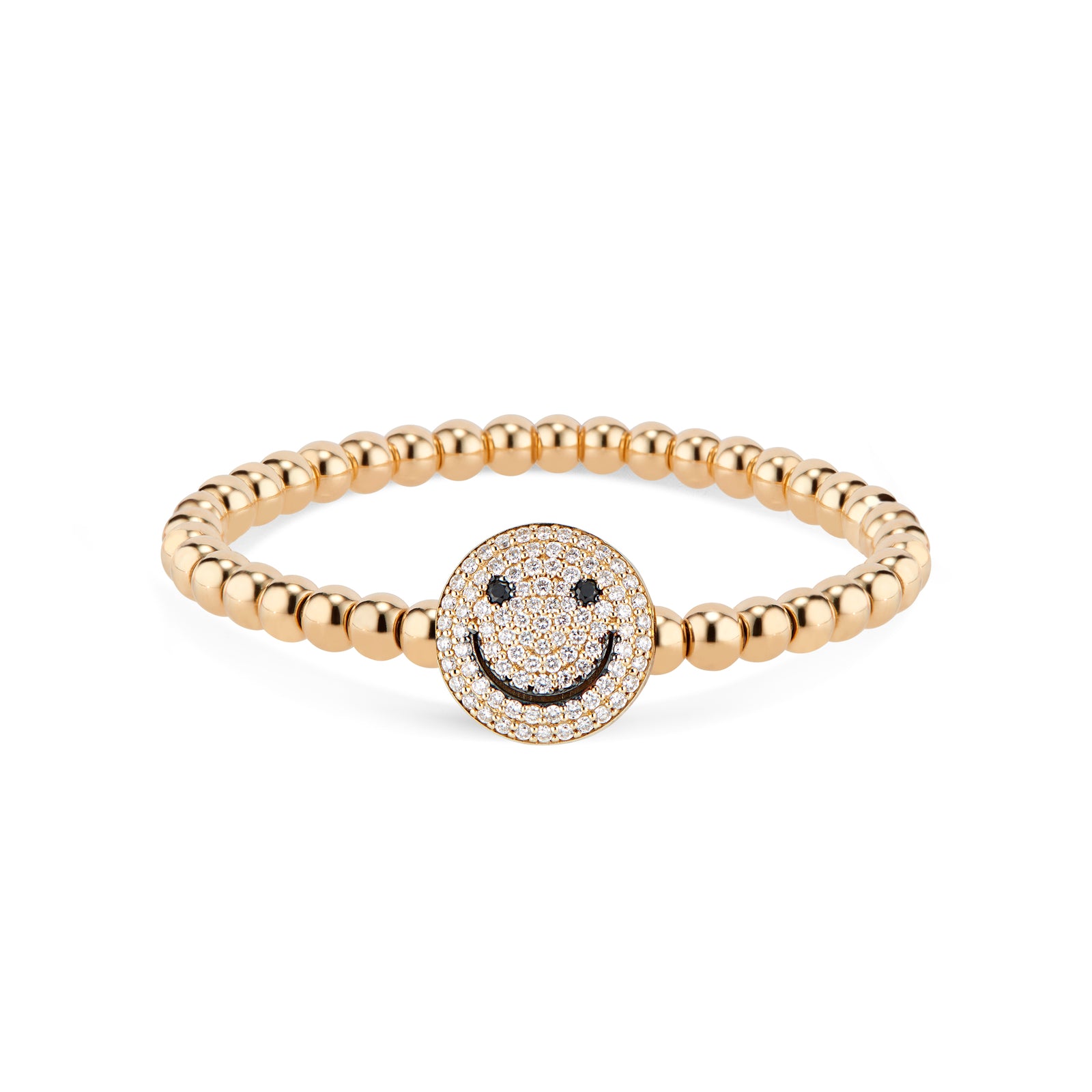 Diamond Smiley Face Bracelet - 14K yellow gold weighing 16.20 grams - 92 round diamonds totaling 0.96 carats - 2 black round diamonds totaling 0.05 carats