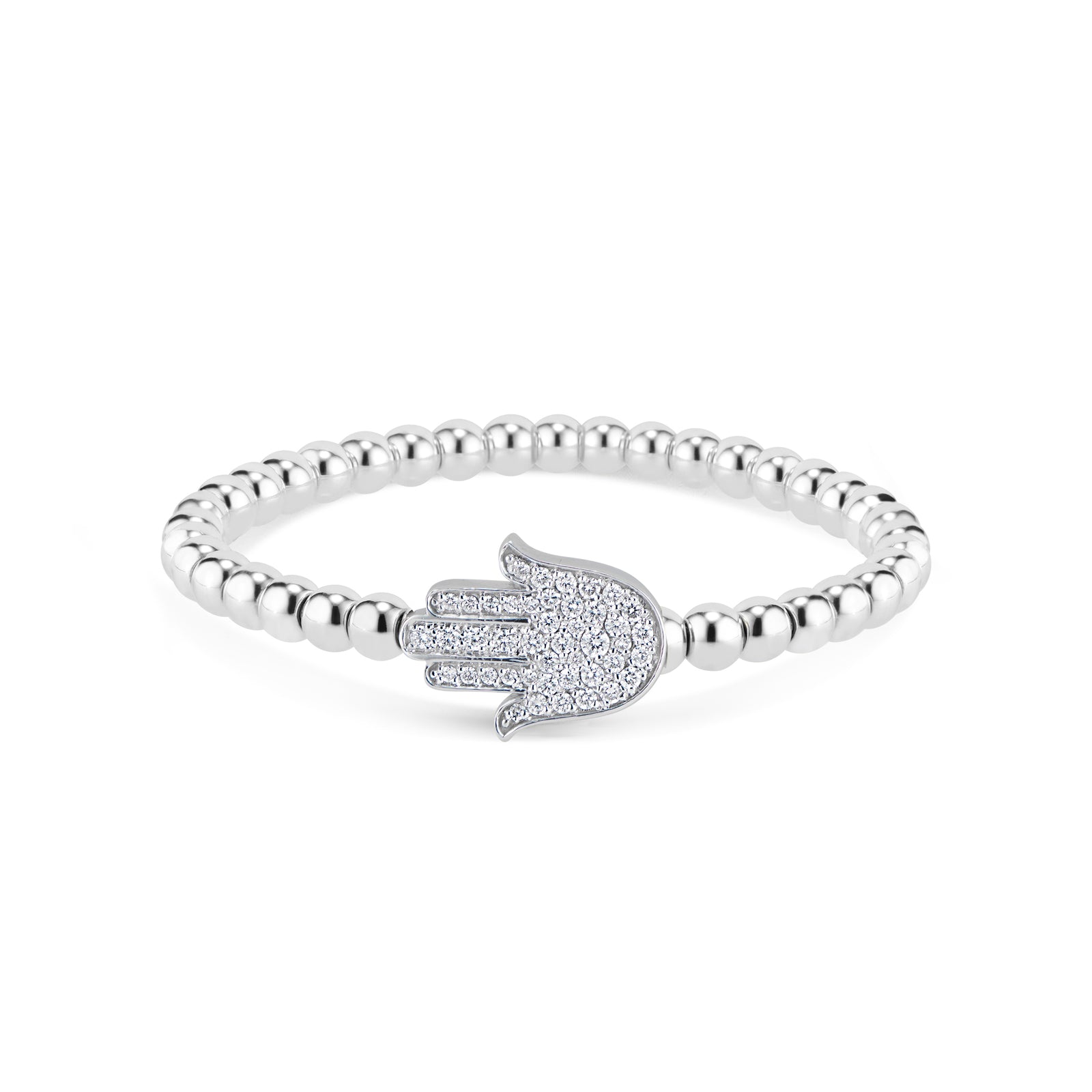 Diamond Hamsa Stretch Bracelet - 14K white gold weighing 14.30 grams - 44 round diamonds totaling 0.53 carats