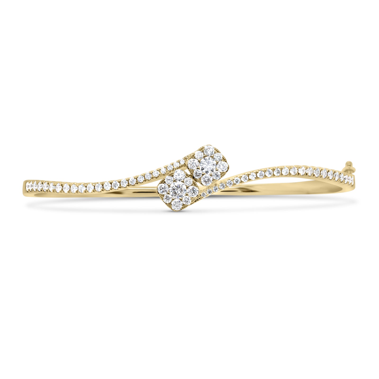 Diamond Cushion Bypass Bangle Bracelet - 18K yellow gold weighing 12.78 grams - 64 round diamonds totaling 1.14 carats