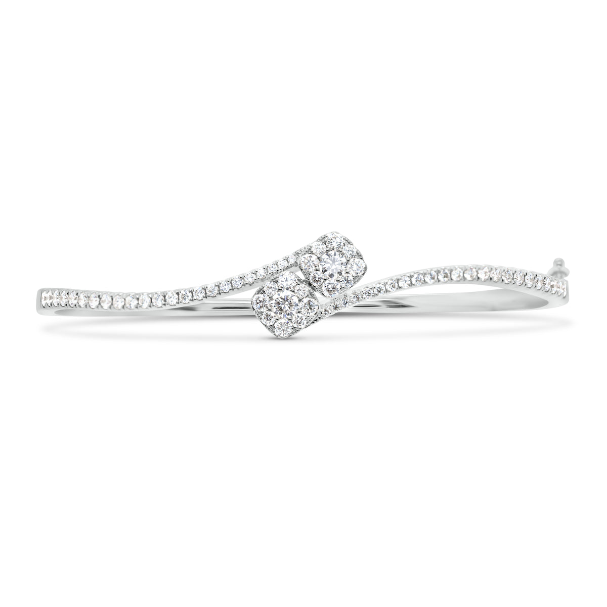 Diamond Cushion Bypass Bangle Bracelet - 18K white gold weighing 12.78 grams - 64 round diamonds totaling 1.14 carats