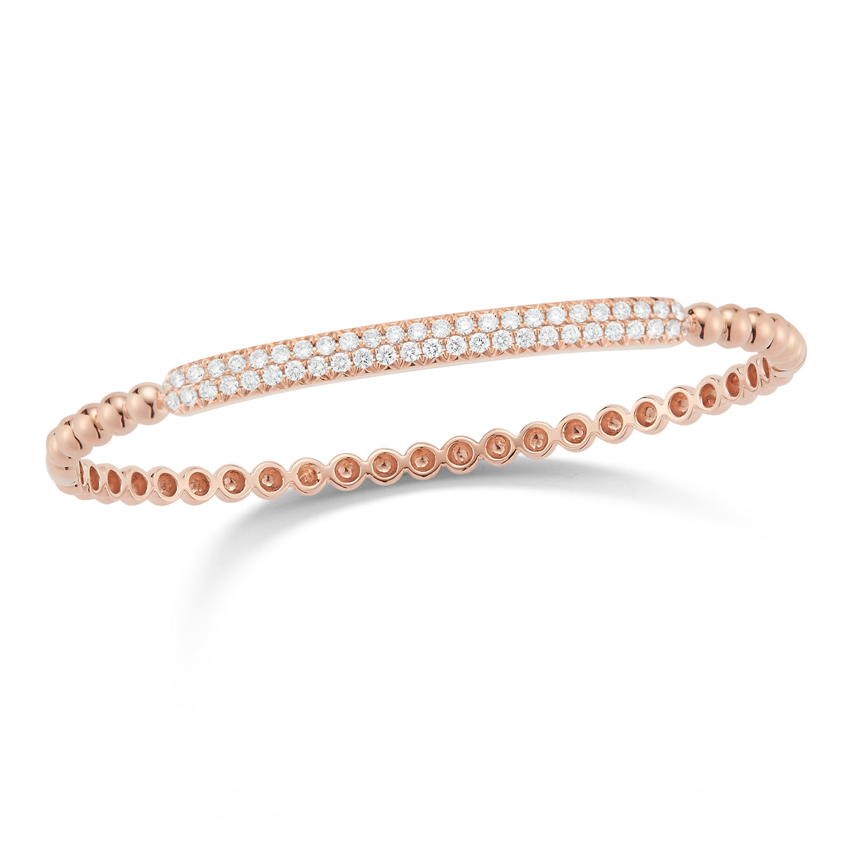 Diamond Bar Beaded Bangle Bracelet  -14K gold weighing 9.69 grams  -50 round pave-set diamonds totaling 0.88 carats.
