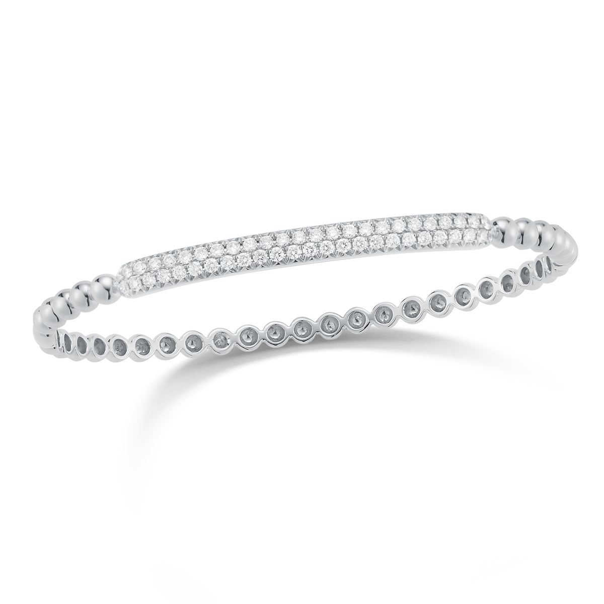 Diamond Bar Beaded Bangle Bracelet  -14K gold weighing 9.69 grams  -50 round pave-set diamonds totaling 0.88 carats.