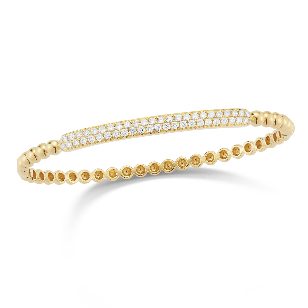 Diamond Bar Beaded Bangle Bracelet  -14K gold weighing 9.69 grams  -50 round pave-set diamonds totaling 0.88 carats.