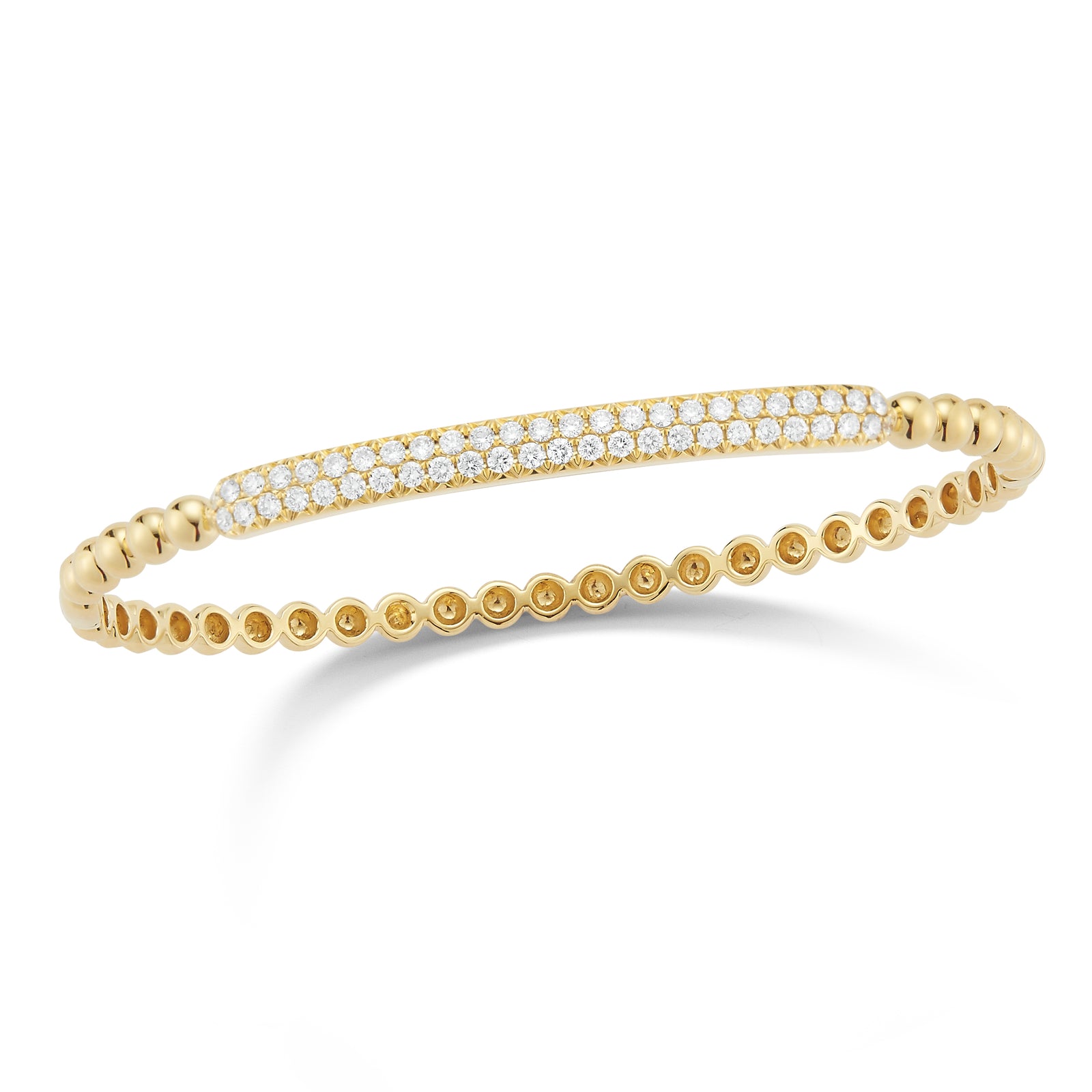 Diamond Bar Beaded Bangle Bracelet  -14K gold weighing 9.69 grams  -50 round pave-set diamonds totaling 0.88 carats.