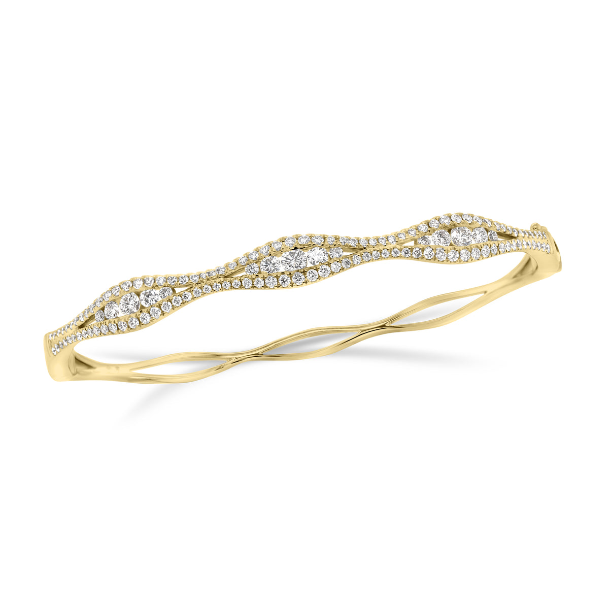 Diamond Open Wave Bangle Bracelet - 18K yellow gold weighing 13.05 grams - 129 round diamonds totaling 1.28 carats
