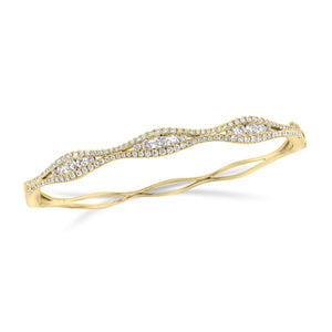 Diamond Open Wave Bangle Bracelet - 18K yellow gold weighing 13.05 grams - 129 round diamonds totaling 1.28 carats