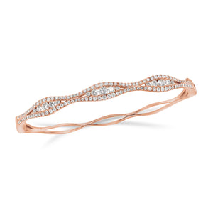 Diamond Open Wave Bangle Bracelet - 18K rose gold weighing 13.05 grams - 129 round diamonds totaling 1.28 carats