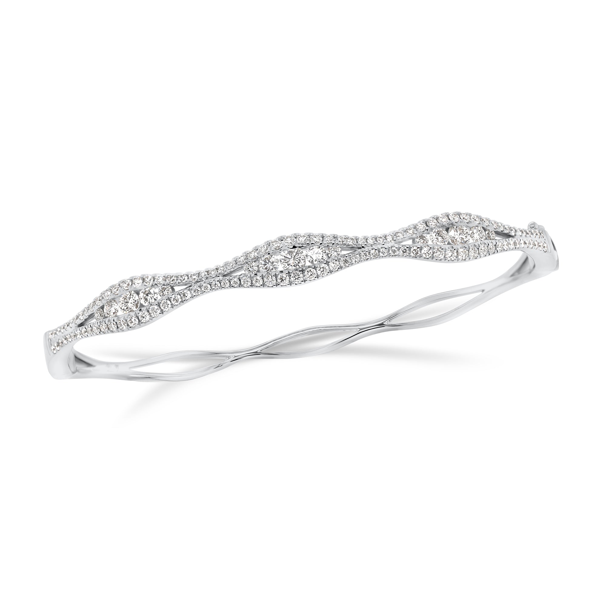 Diamond Open Wave Bangle Bracelet - 18K white gold weighing 13.05 grams - 129 round diamonds totaling 1.28 carats