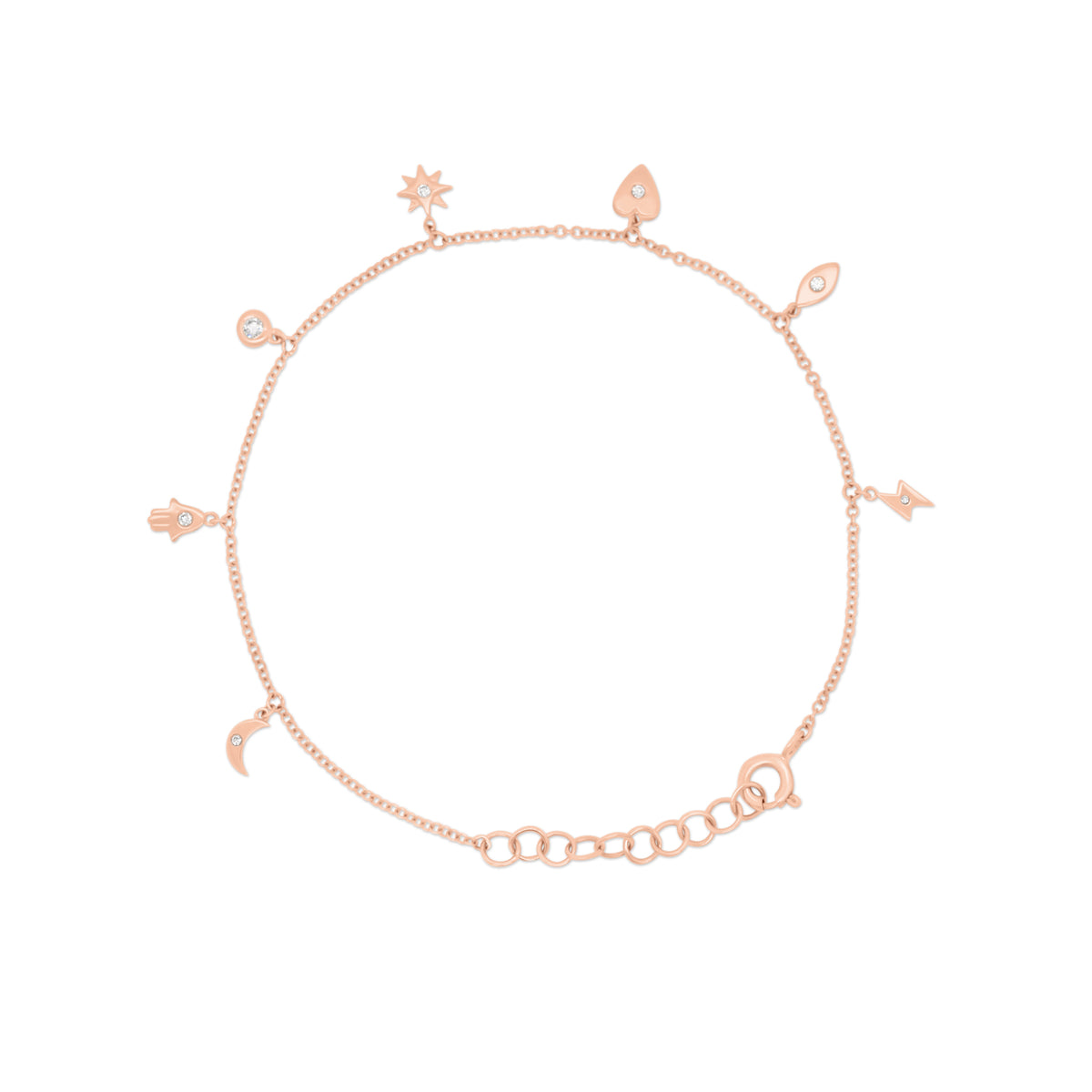 Diamond Whimsical Charms Bracelet - 14K rose gold weighing 1.67 grams - 7 round diamonds totaling 0.07 carats