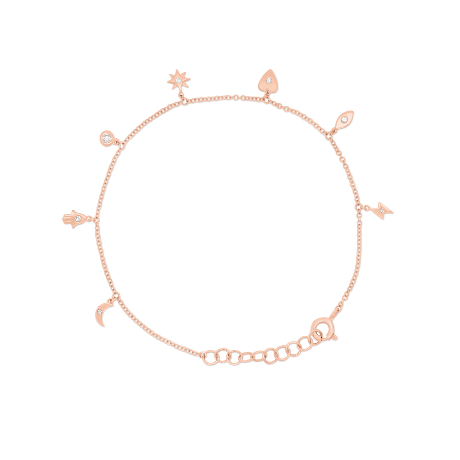 Diamond Whimsical Charms Bracelet - 14K yellow gold weighing 1.67 grams - 7 round diamonds totaling 0.07 carats