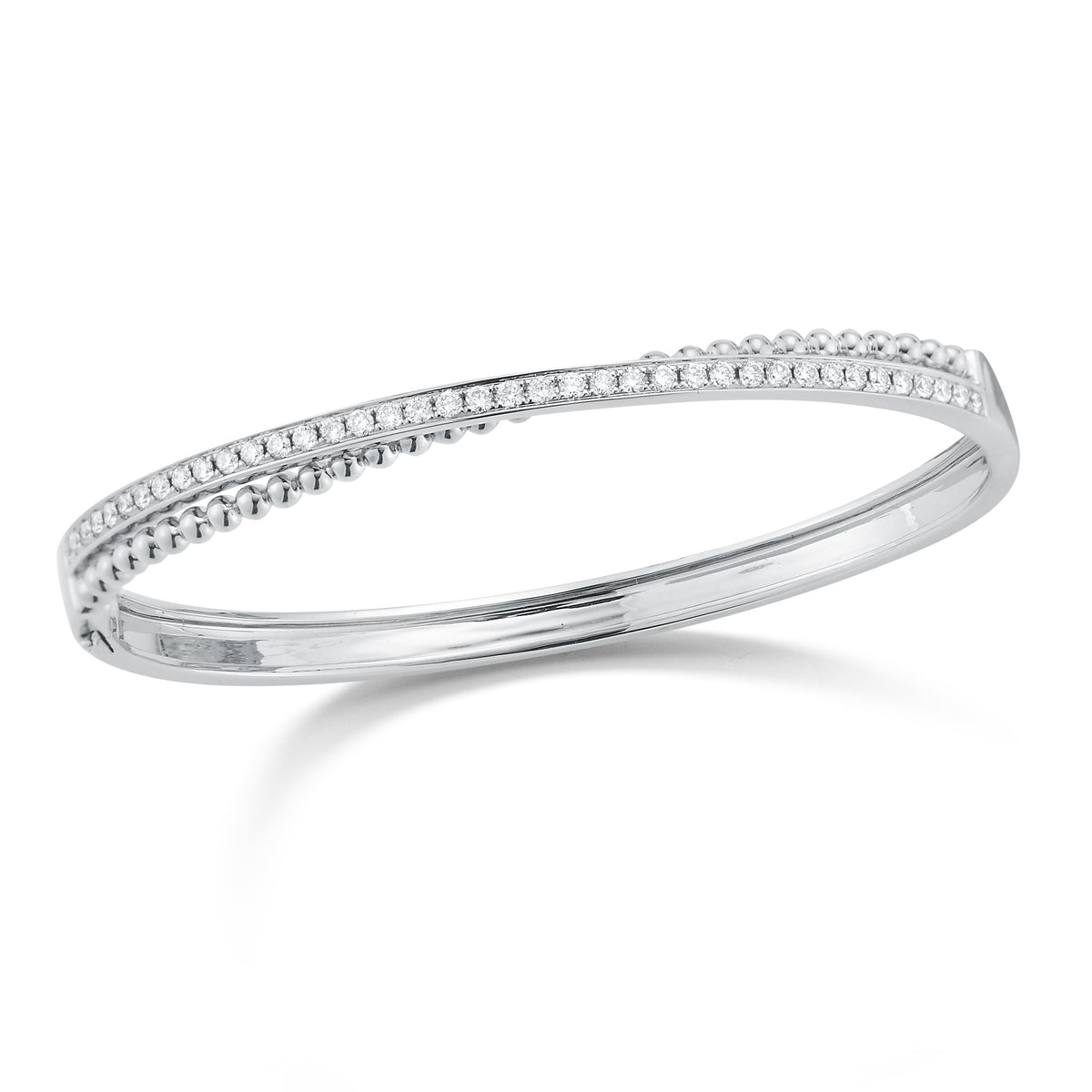 Diamond Two-Tone Crossover Bangle Bracelet  -14K gold weighing 15.82 grams  -39 round channel-set diamonds totaling .80 carats