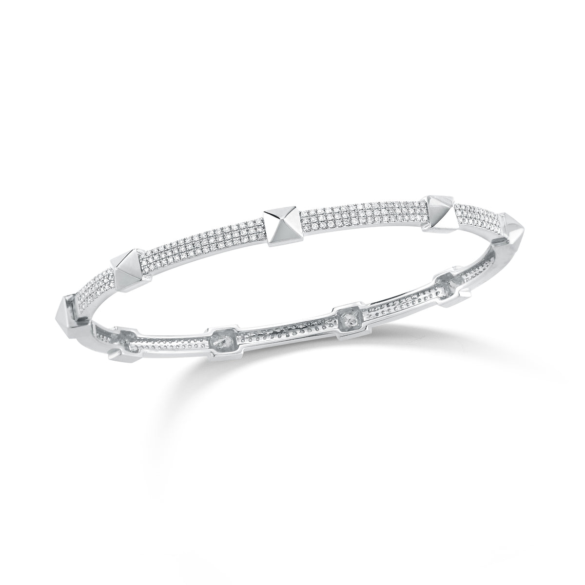 Diamond Pyramid Stud Bangle Bracelet  -14K gold weighing 10.79 grams  -315 round pave-set diamonds totaling 0.81 carats.