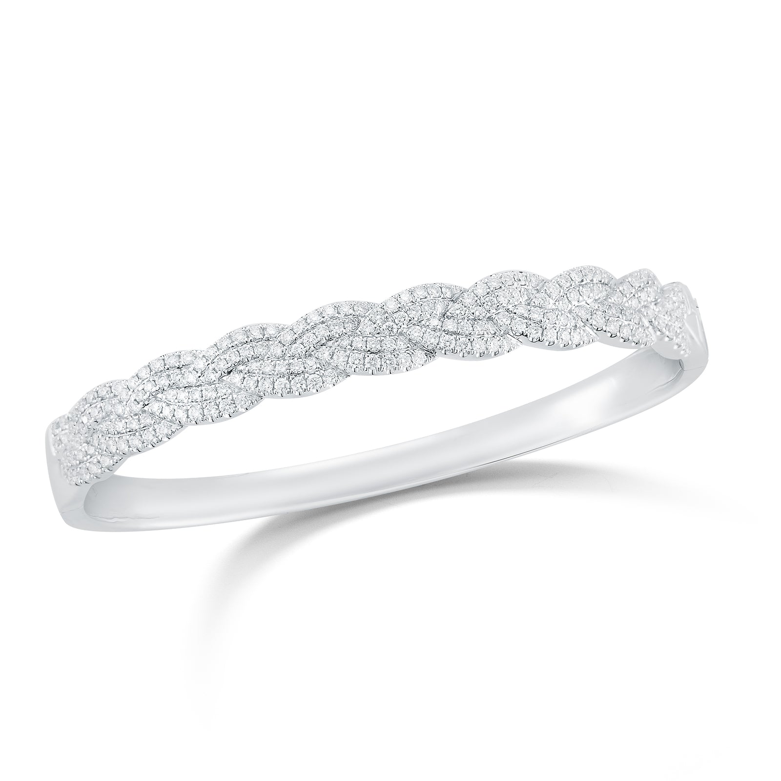 Diamond Braided Bangle Bracelet  -18K gold weighing 26.13 grams  -212 round pave-set diamonds totaling 2.05 carats.