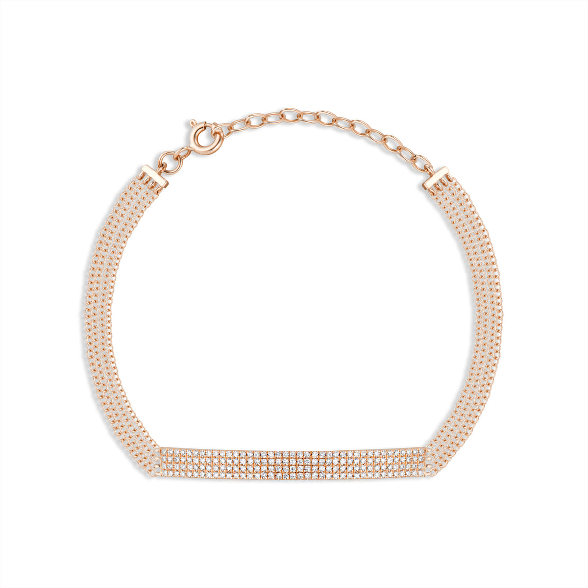 Quadruple Cable Chain Bracelet with Diamond Bar - 14K rose gold weighing 3.57 grams - 148 round diamonds totaling 0.39 carats