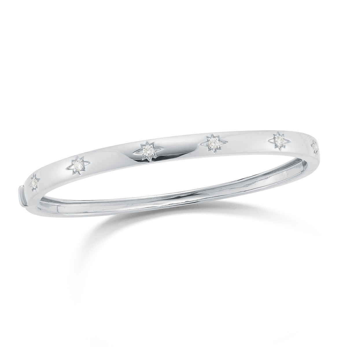Diamond Starburst Bangle Bracelet  -14K gold weighing 11.43 grams  -6 round prong-set diamonds totaling .22 carats