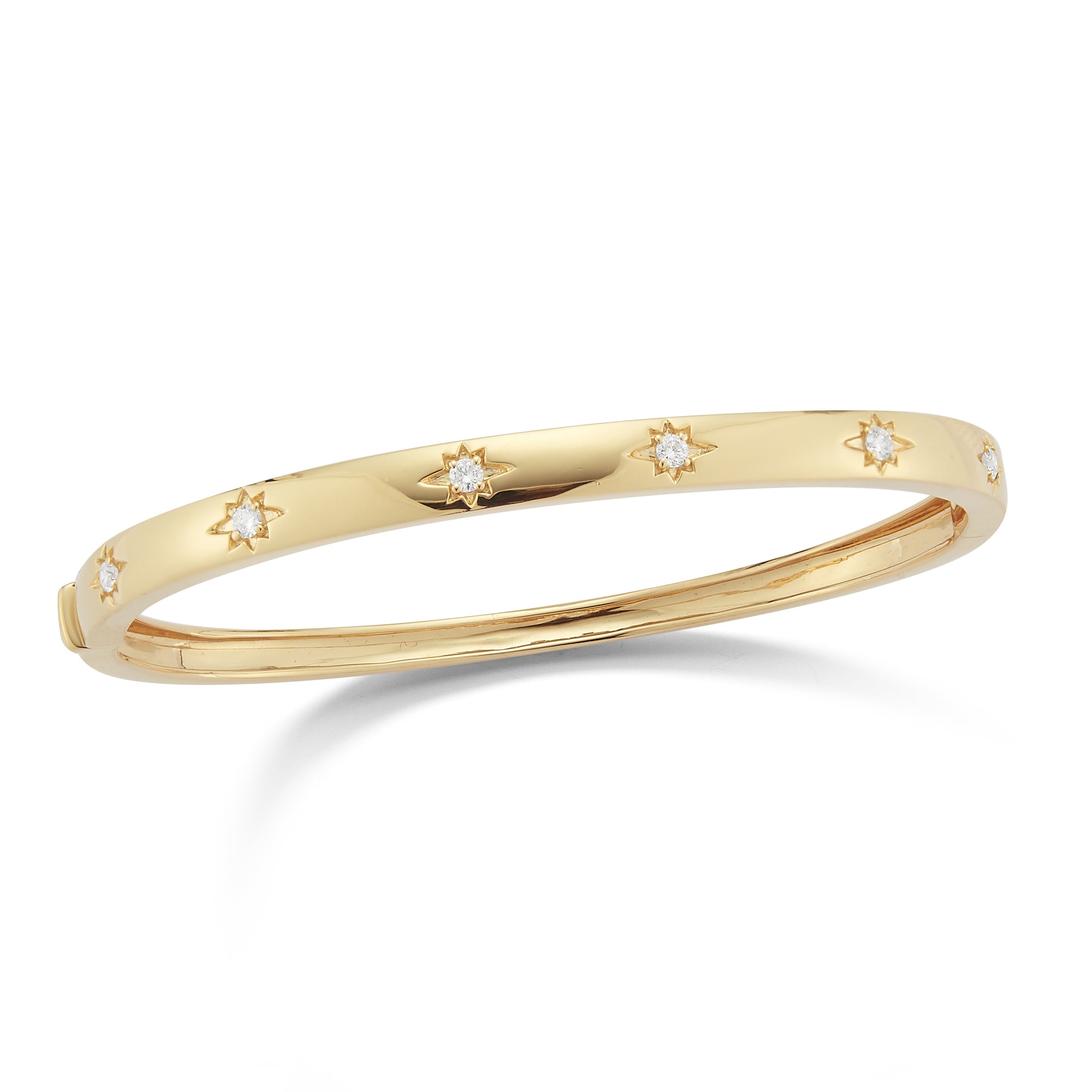 Diamond Starburst Bangle Bracelet  -14K gold weighing 11.43 grams  -6 round prong-set diamonds totaling .22 carats