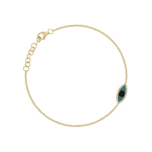 Turquoise, Sapphire & Diamond Evil Eye Bracelet - 14K yellow gold weighing 1.5 grams - 0.06 cts round diamonds - 0.04 cts sapphires - 0.16 ct turquoise
