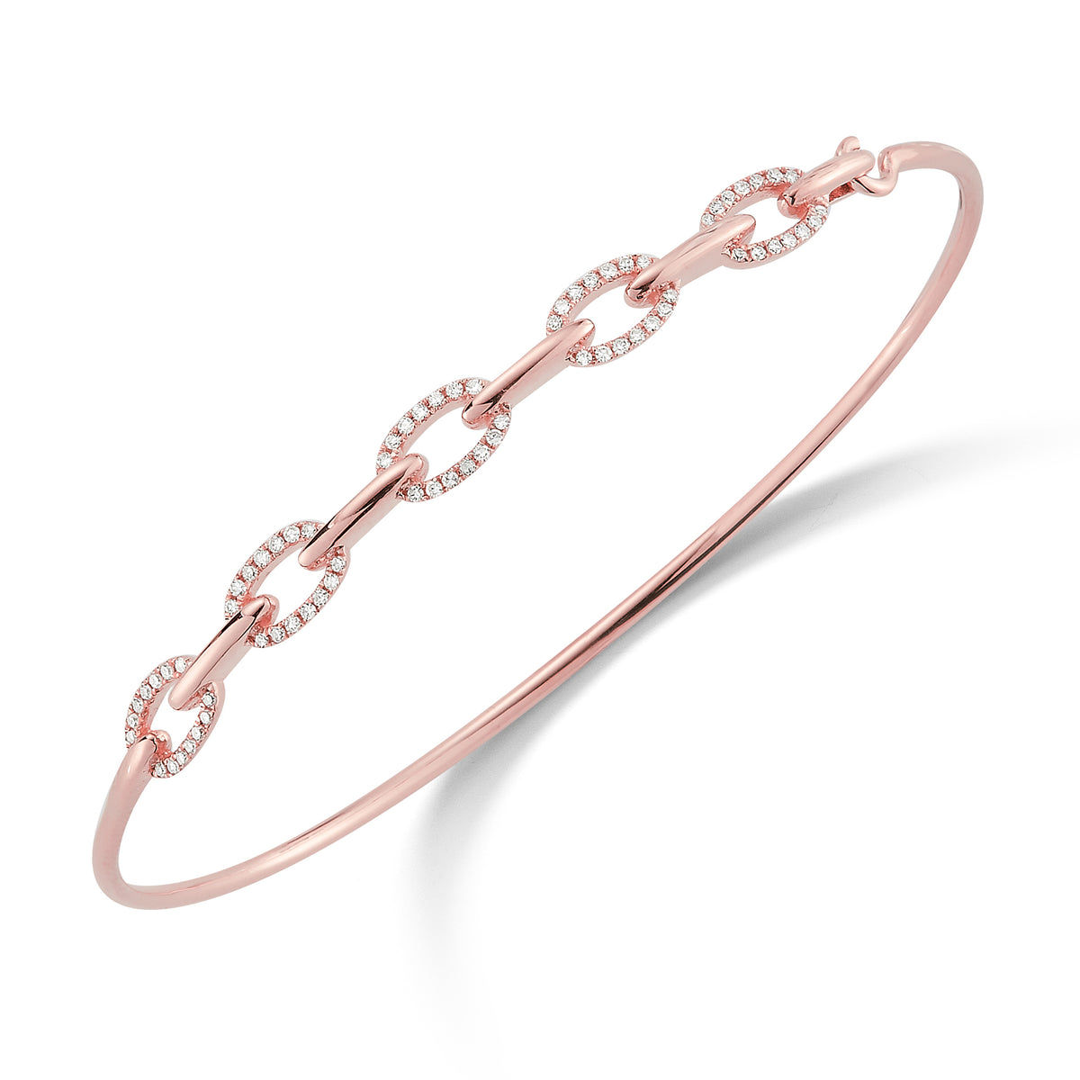Diamond Half-Way Chain Link Bangle Bracelet  -14K gold weighing 4.82 grams  -70 round pave set diamonds totaling 0.21 carats.