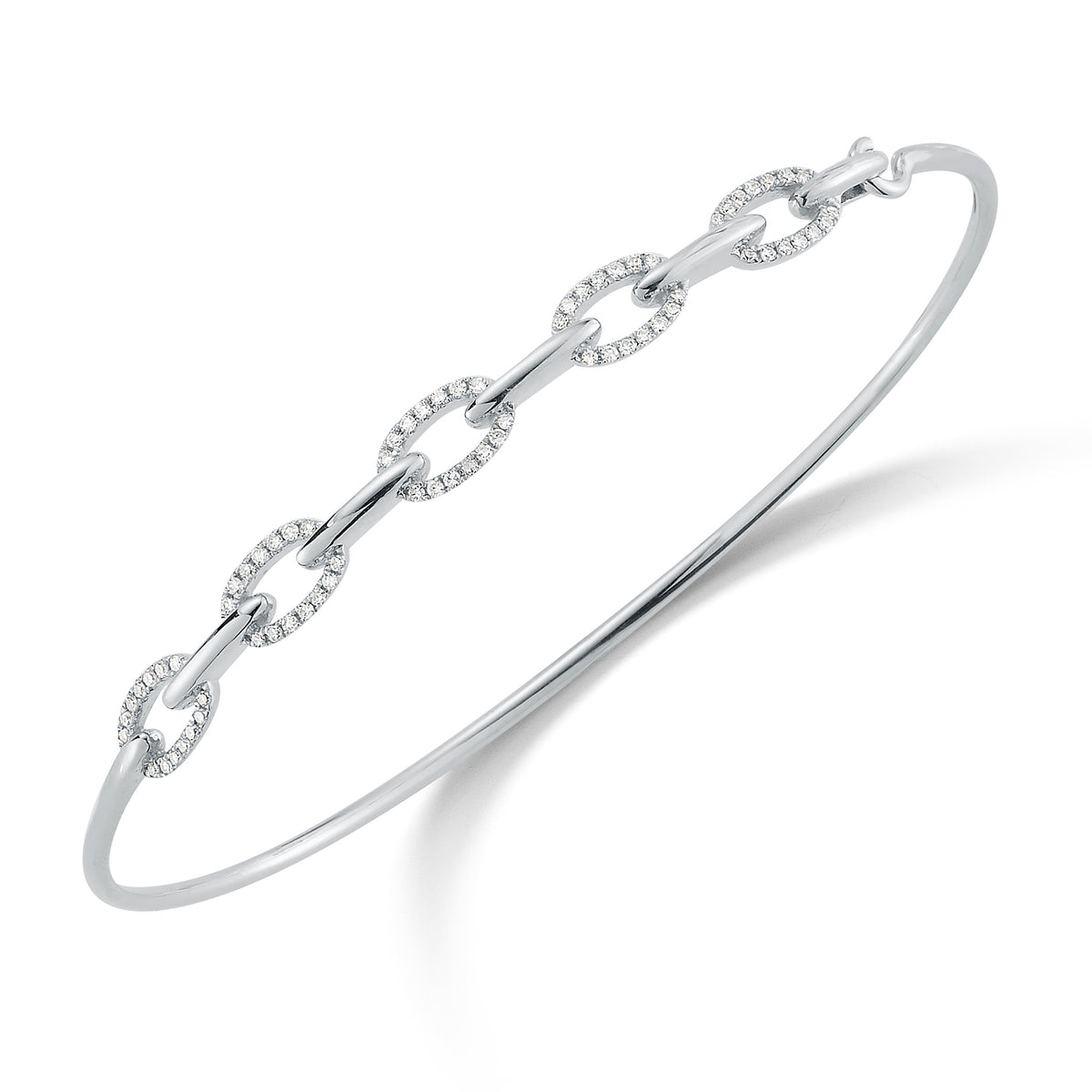 Diamond Half-Way Chain Link Bangle Bracelet  -14K gold weighing 4.82 grams  -70 round pave set diamonds totaling 0.21 carats.