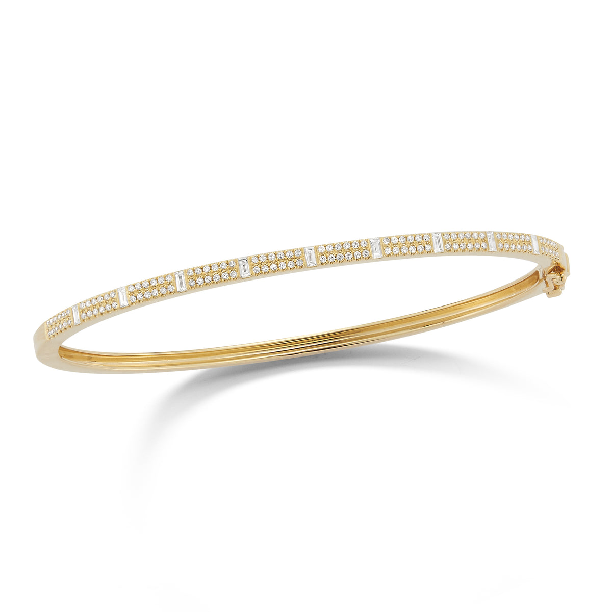 Round & Baguette Diamond Bangle Bracelet  -14K gold weighing 9.14 grams  -9 baguettes totaling 0.26 carats  -120 round diamonds 0.33 carats